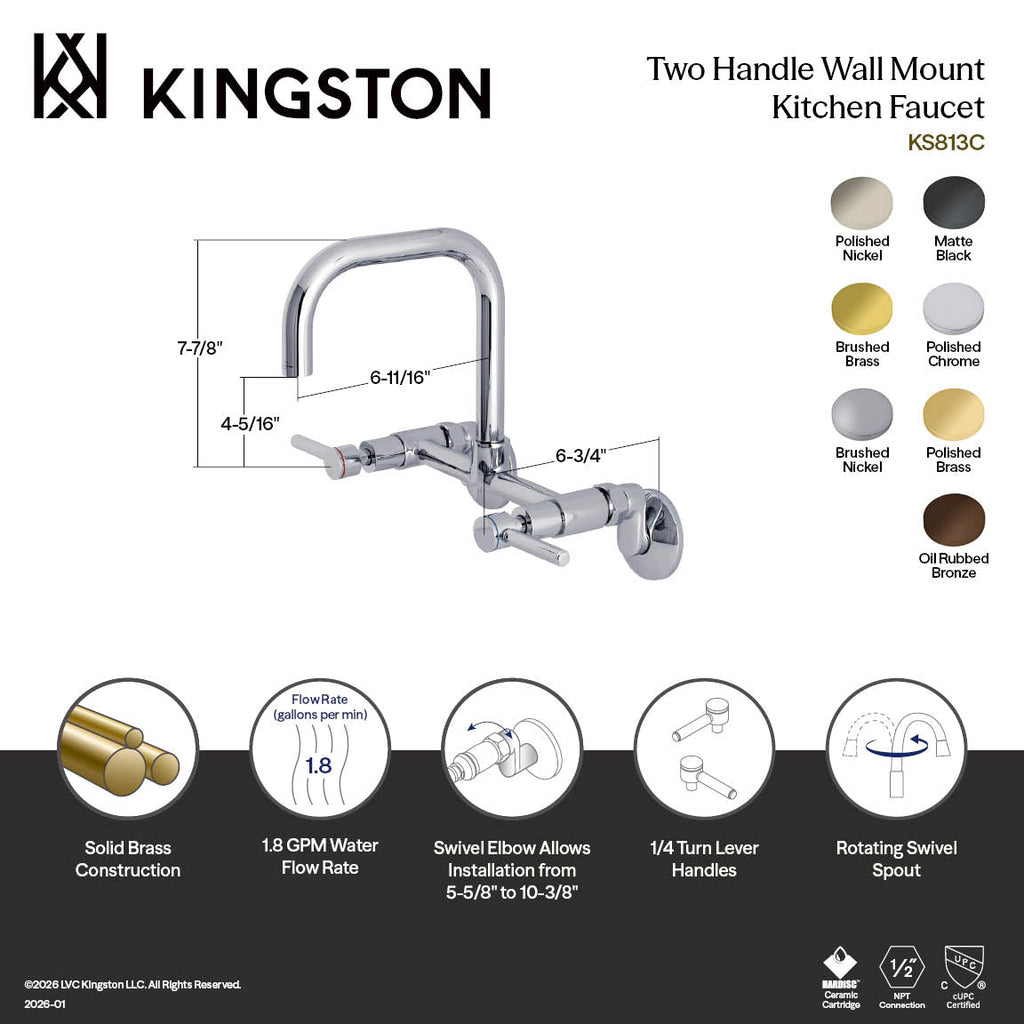 Kingston Brass Sona Concord — Mezcladora Puente de Pared, Dos Manijas, 2 Orificios — Cromo Pulido (Surtidor 9-1/4") — Ambientación 5