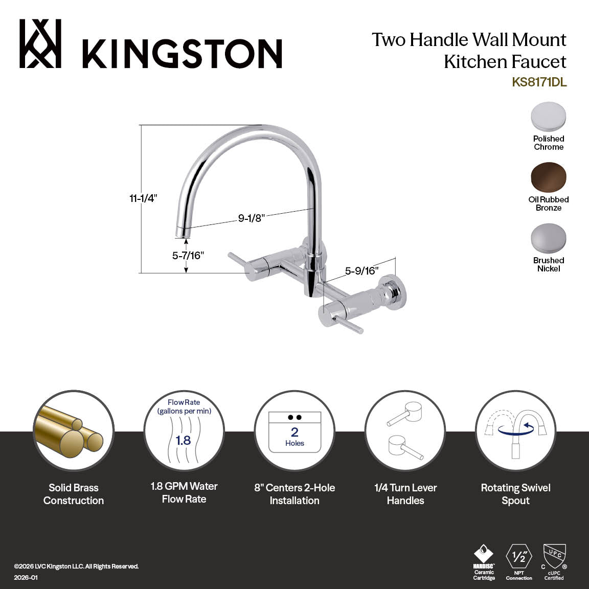 Kingston Brass Sona Concord — Mezcladora Puente de Pared, Dos Manijas, 2 Orificios — Cromo Pulido (Surtidor 11-1/4") — Ambientación 7