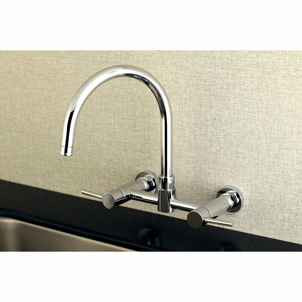 Kingston Brass Sona Concord — Mezcladora Puente de Pared, Dos Manijas, 2 Orificios — Cromo Pulido (Surtidor 11-1/4") — Ambientación 1