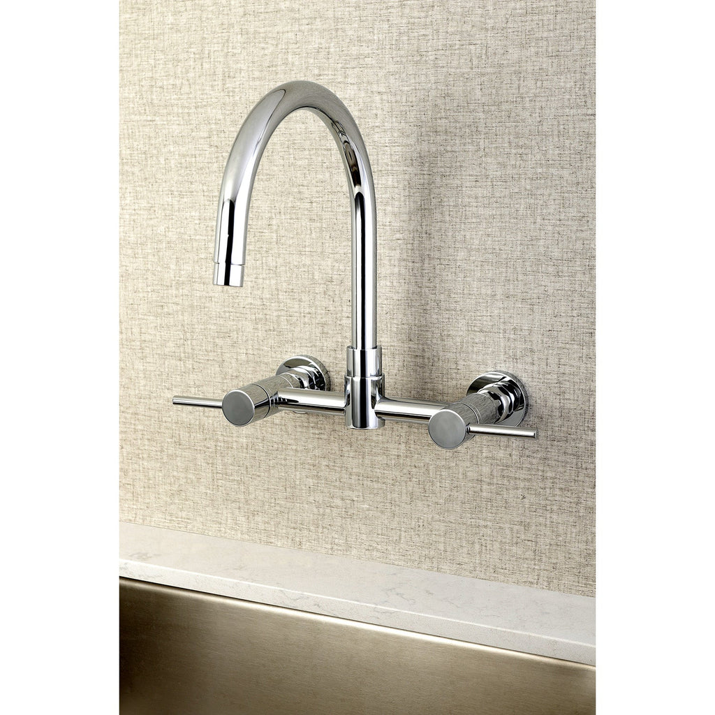 Kingston Brass Sona Concord — Mezcladora Puente de Pared, Dos Manijas, 2 Orificios — Cromo Pulido (Surtidor 11-1/4") — Ambientación 6