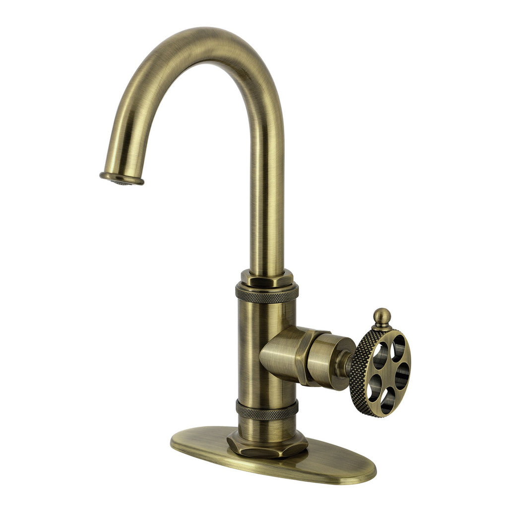Kingston Brass Sona Webb — Mezcladora de Bar de Cubierta, Una Manija, 1 Orificio, Manija Moleteada — Latón Antiguo
