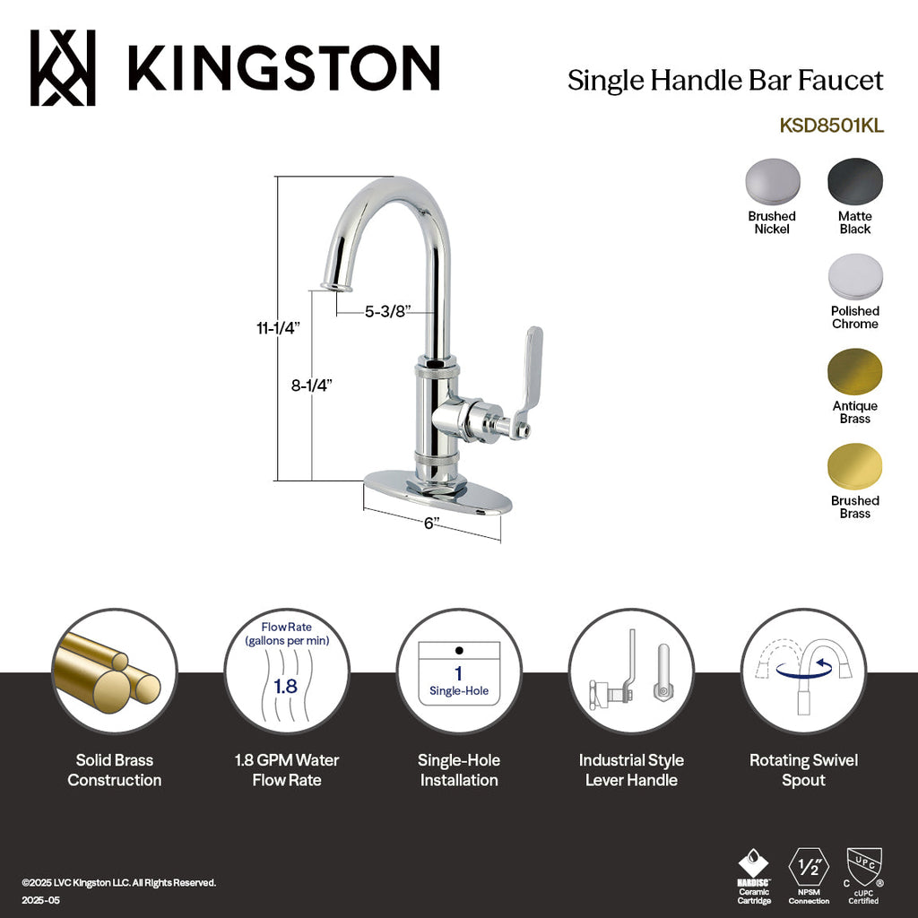 Kingston Brass Sona Whitaker — Mezcladora de Bar de Cubierta, Una Manija, 1 Orificio — Latón Cepillado — Ambientación 6