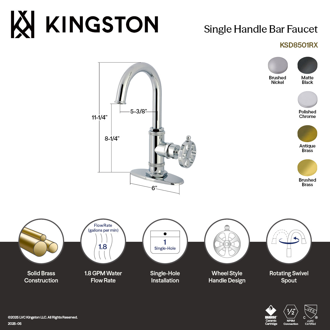 Kingston Brass Sona Belknap — Mezcladora de Bar de Cubierta, Una Manija, 1 Orificio — Latón Cepillado — Ambientación 6