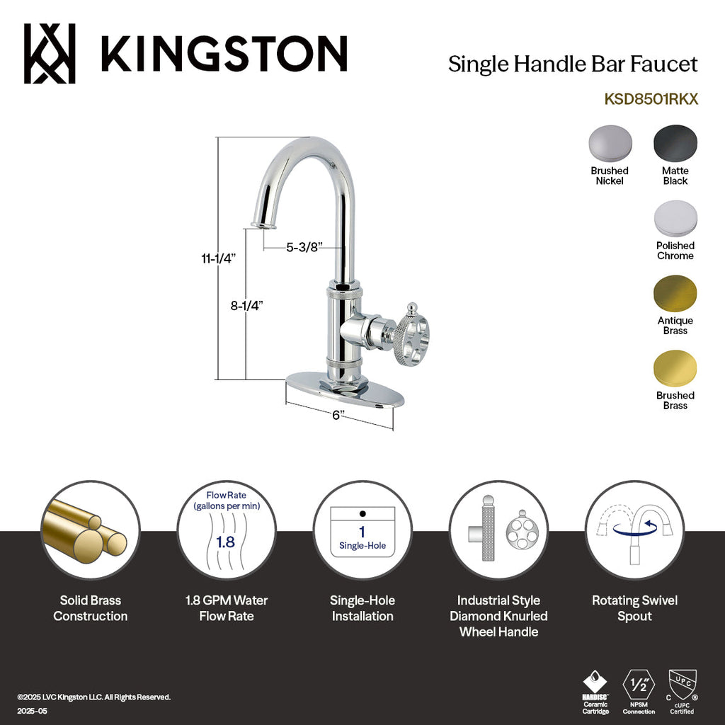 Kingston Brass Sona Webb — Mezcladora de Bar de Cubierta, Una Manija, 1 Orificio, Manija Moleteada — Níquel Cepillado — Ambientación 6