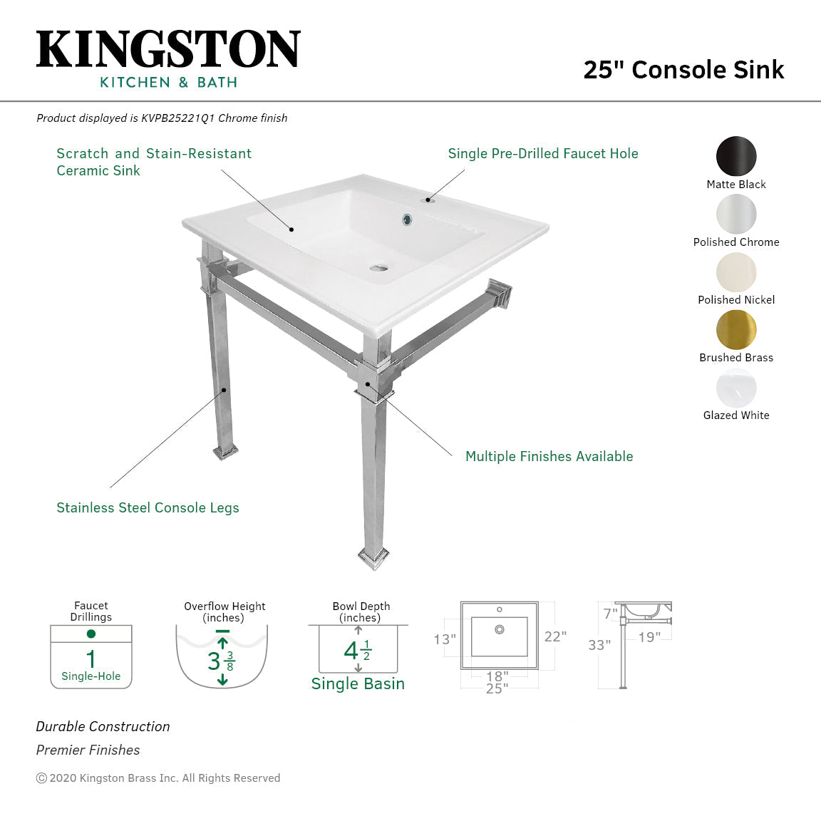 Kingston Brass Monarch lavabo consola — vista