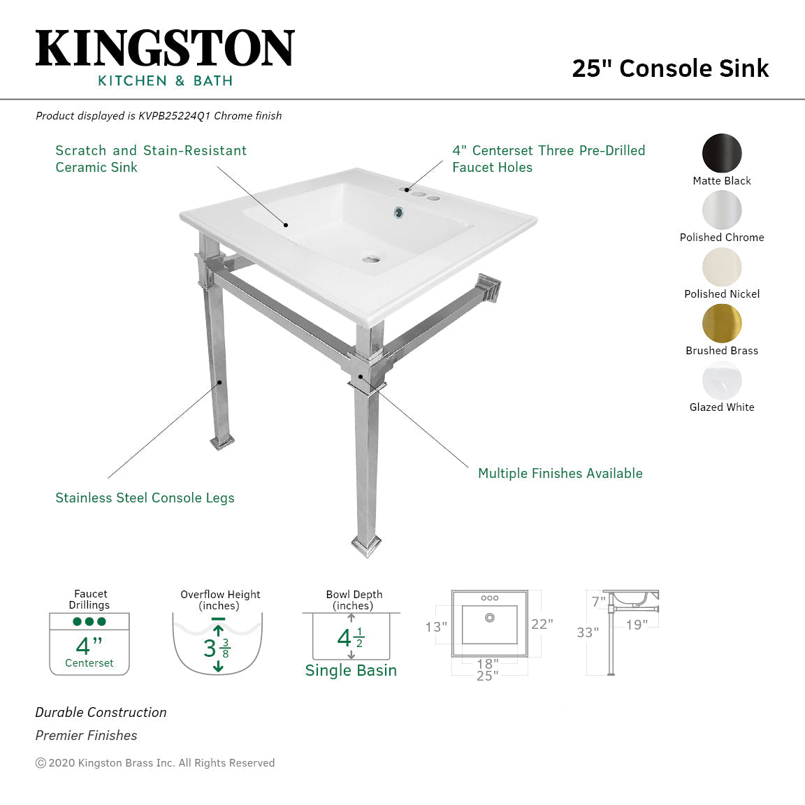 Kingston Brass Monarch lavabo consola — vista