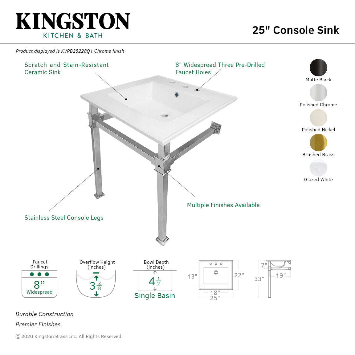 Kingston Brass Monarch lavabo consola — vista
