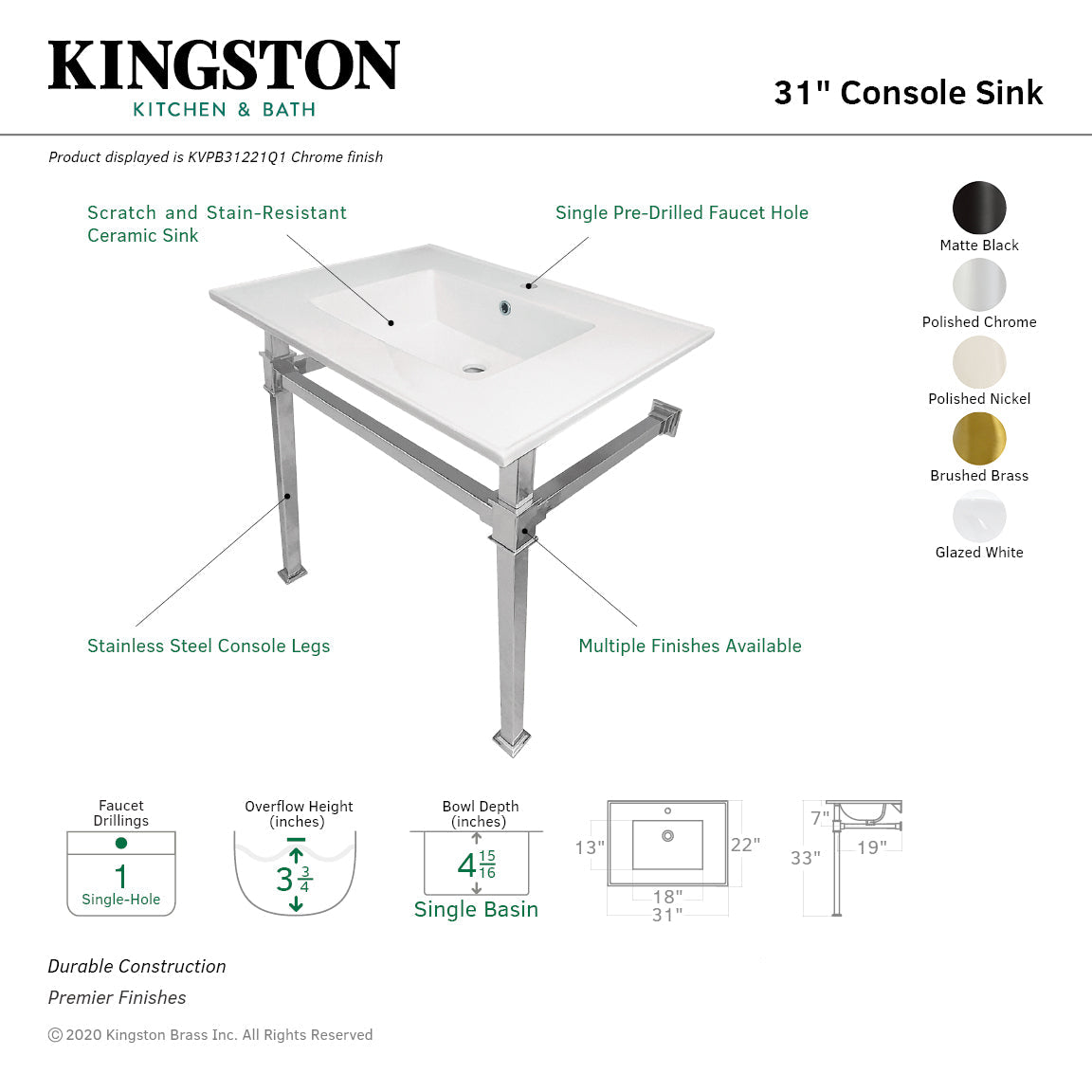 Kingston Brass Monarch lavabo consola — vista
