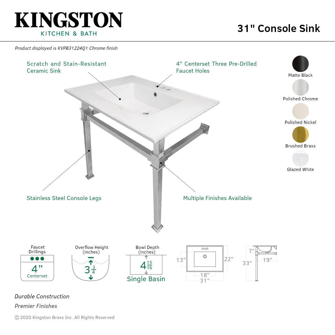 Kingston Brass Monarch lavabo consola — vista