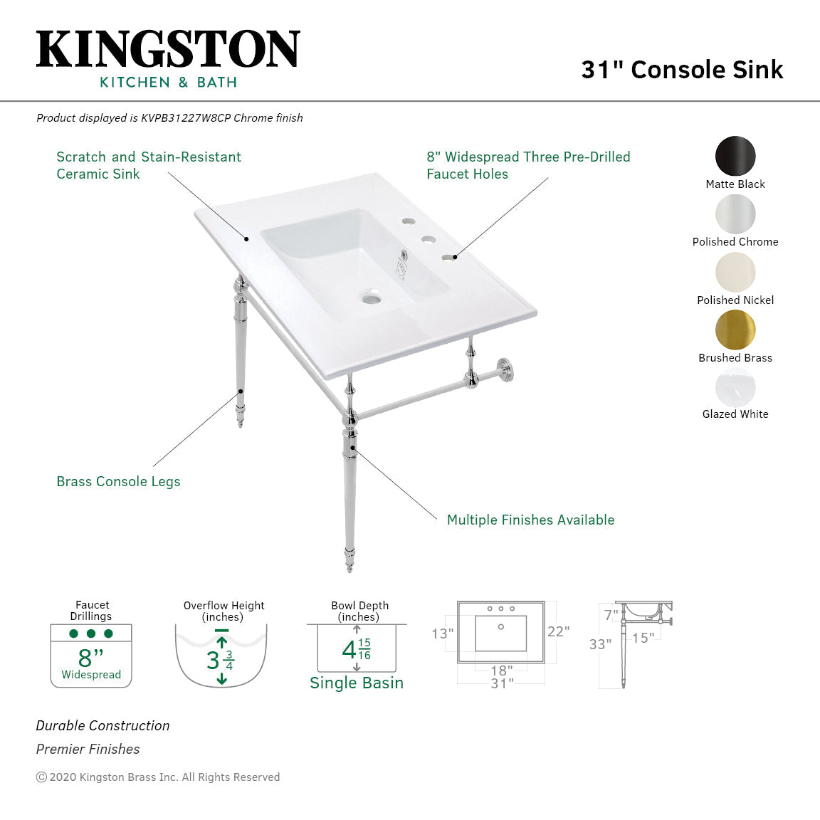 Kingston Brass Edwardian lavabo consola — vista