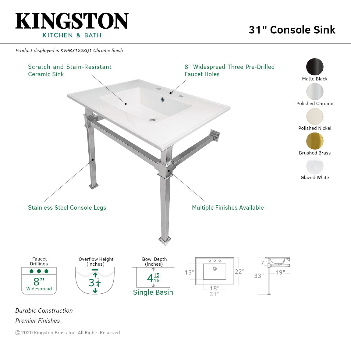 Kingston Brass Monarch lavabo consola — vista