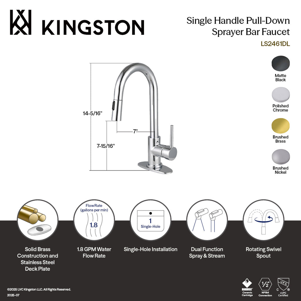 Kingston Brass Sona Concord — Mezcladora de Bar de Cubierta, Una Manija, 1 Orificio, Regadera Extraíble — Latón Cepillado — Ambientación 1