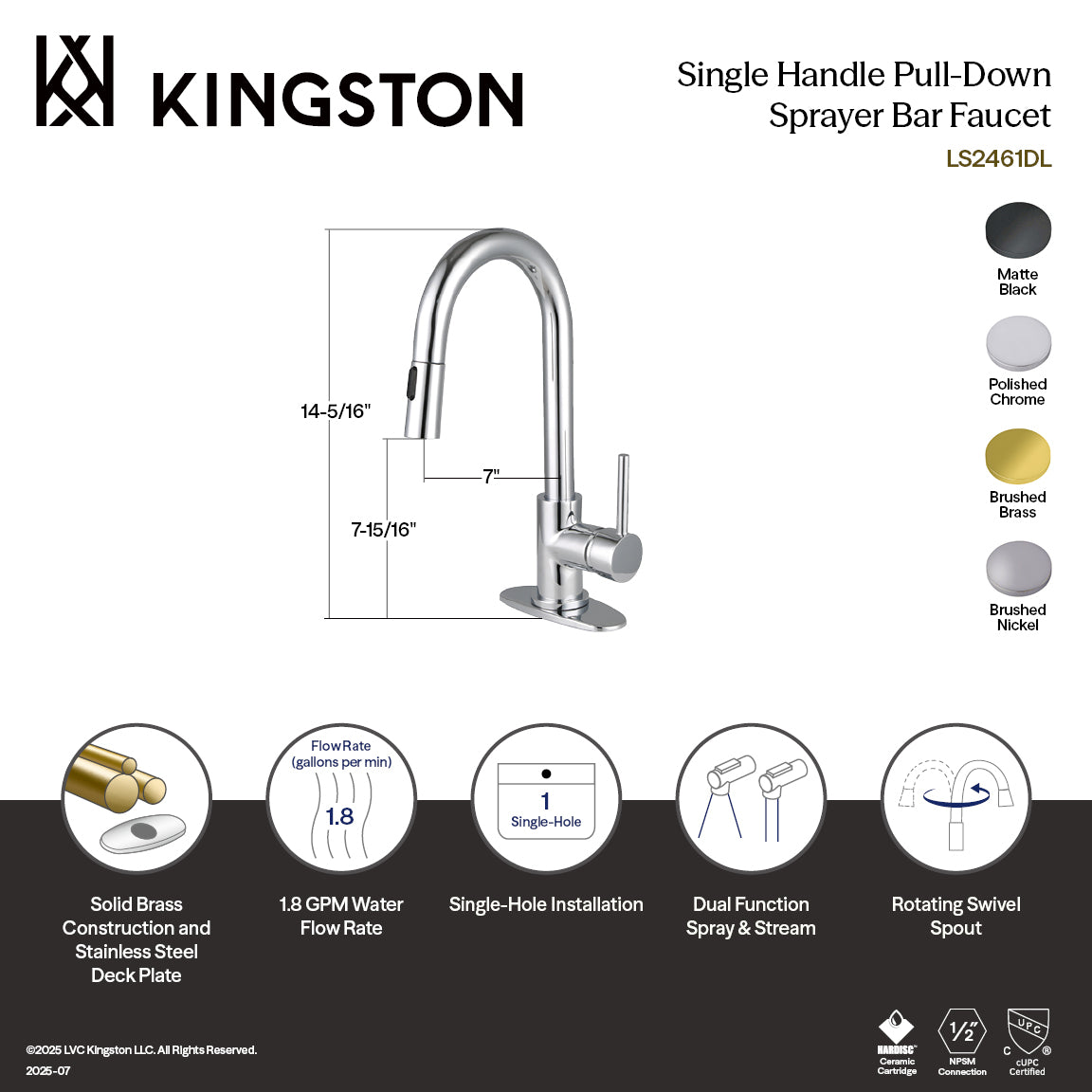 Kingston Brass Sona Concord — Mezcladora de Bar de Cubierta, Una Manija, 1 Orificio, Regadera Extraíble — Latón Cepillado — Ambientación 1