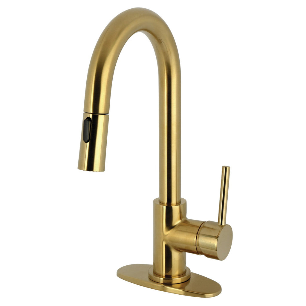 Kingston Brass Sona Concord — Mezcladora de Bar de Cubierta, Una Manija, 1 Orificio, Regadera Extraíble — Latón Cepillado