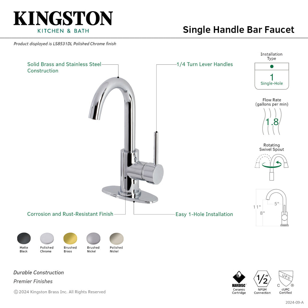 Kingston Brass Sona Concord — Mezcladora de Bar de Cubierta, Una Manija, 1 Orificio — Negro Mate — Ambientación 1