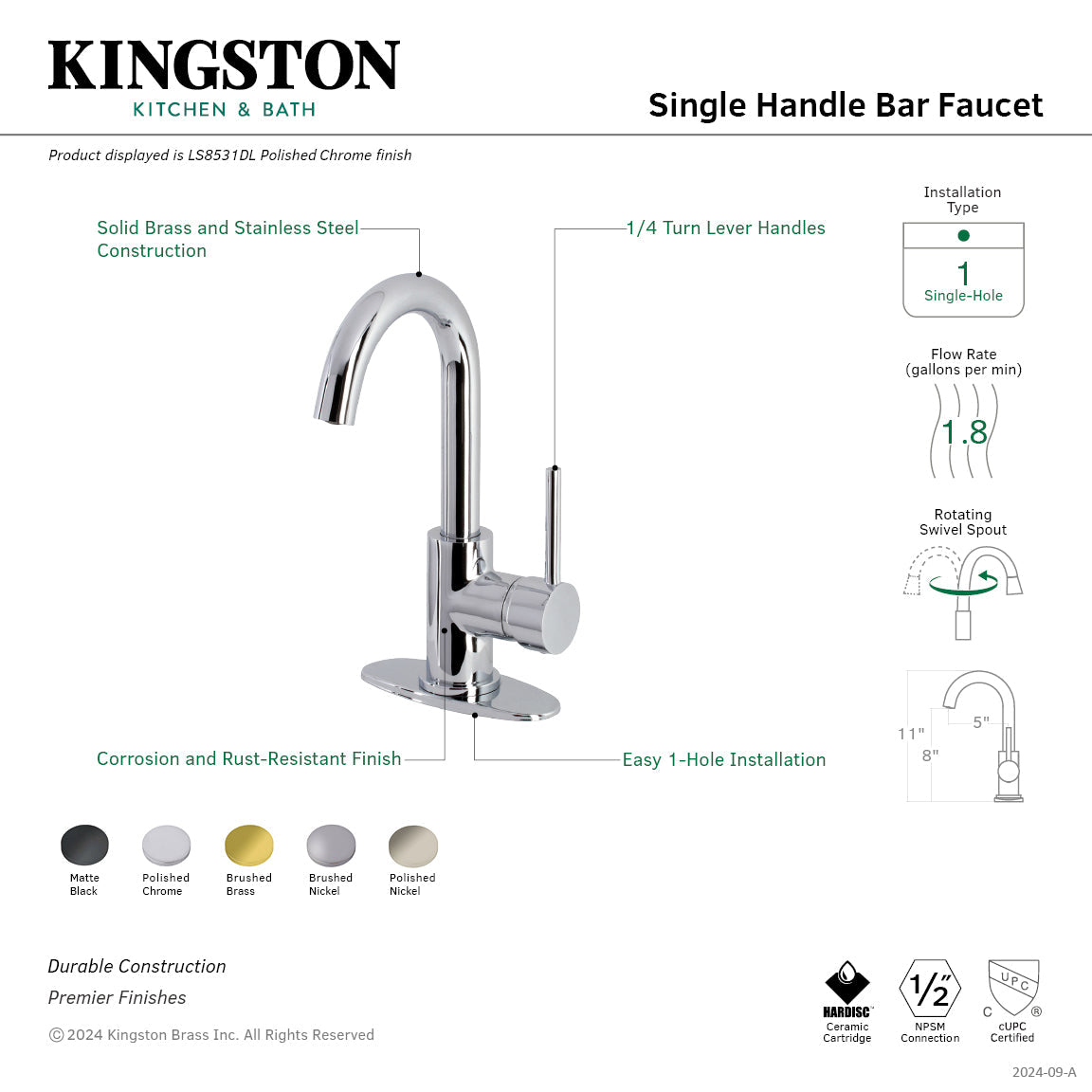 Kingston Brass Sona Concord — Mezcladora de Bar de Cubierta, Una Manija, 1 Orificio — Negro Mate — Ambientación 1