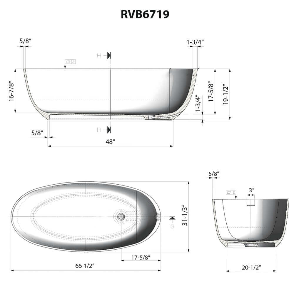 Ruvati Canali — Bañera Independiente Ovalada de 66" en epiStone — diagrama de dimensiones