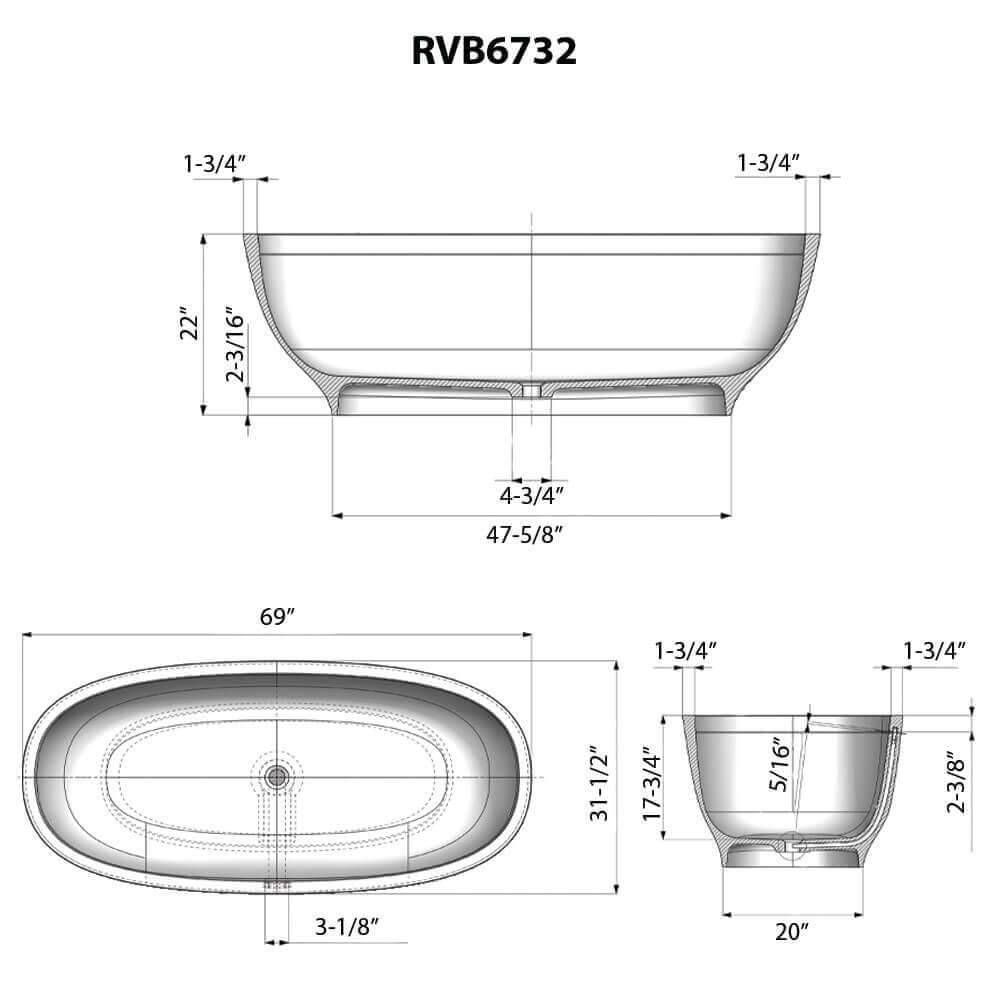 Ruvati Viola — Bañera Independiente Ovalada de 69" en epiStone — diagrama de dimensiones