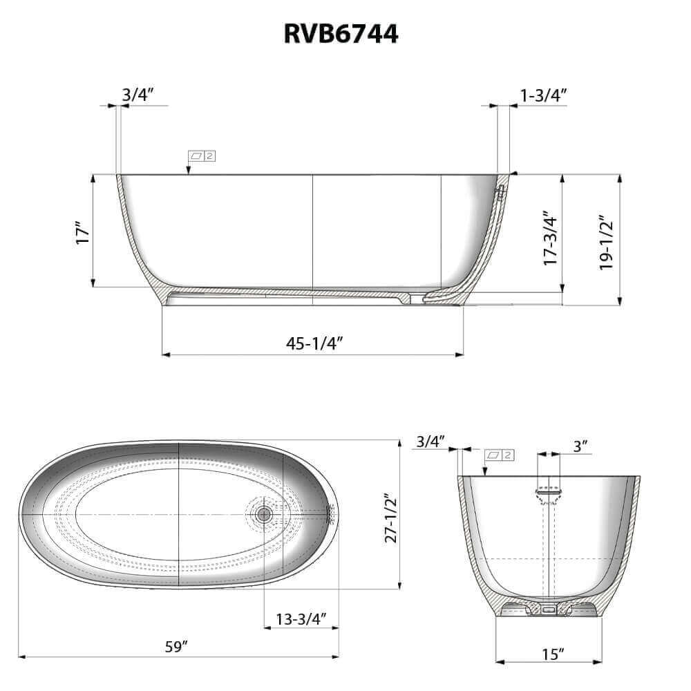 Ruvati Canali — Bañera Independiente Ovalada de 59" en epiStone (Superficie Sólida) — diagrama de dimensiones