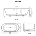 Ruvati Cordona — Bañera Independiente Estriada de 67" en epiStone — diagrama de dimensiones