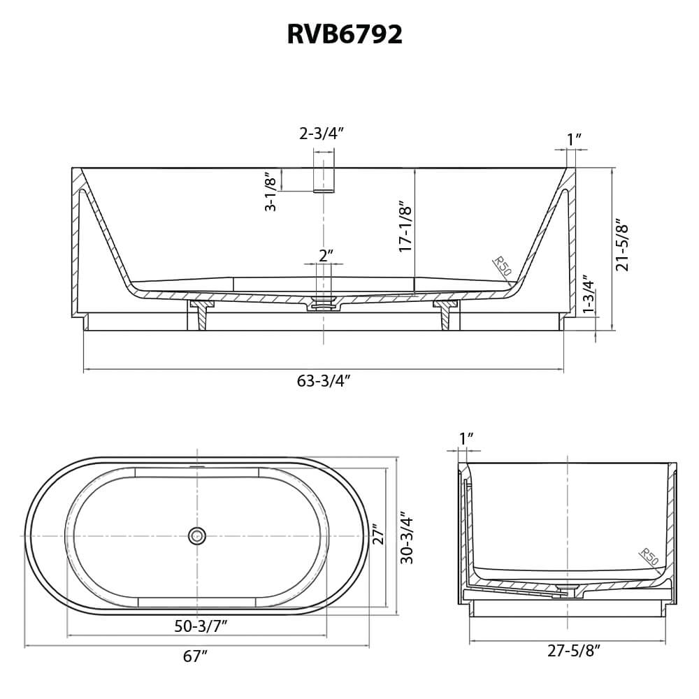 Ruvati Cordona — Bañera Independiente Estriada de 67" en epiStone — diagrama de dimensiones