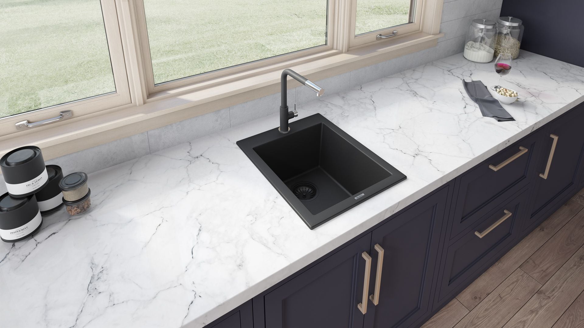 Ruvati epiGranite — Tarja de Bar / Prep de 18 x 20 pulg en Granito Compuesto — Negro Medianoche — 1