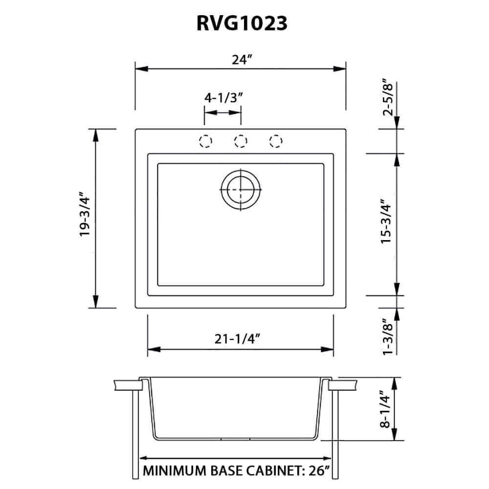 Ruvati epiGranite — Tarja de Cocina de 23 x 20 pulg en Granito Compuesto — diagrama de dimensiones