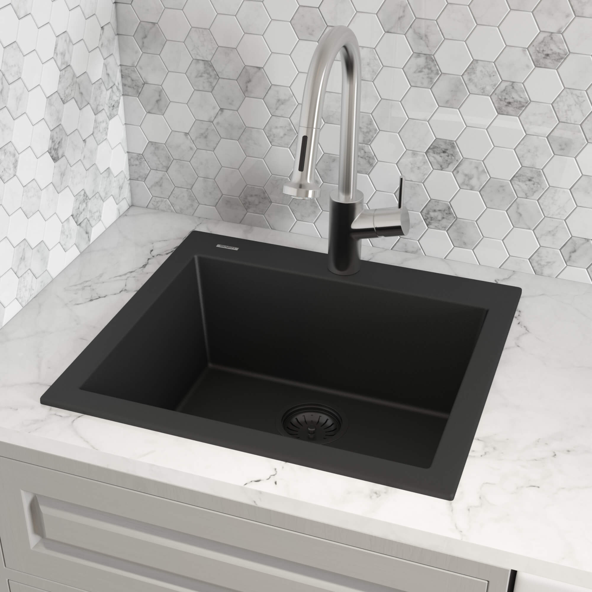 Ruvati epiGranite — Tarja de Cocina de 23 x 20 pulg en Granito Compuesto — Negro Medianoche