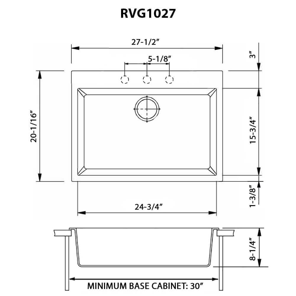 Ruvati epiGranite — Tarja de Cocina de 27 x 20 pulg en Granito Compuesto — diagrama de dimensiones