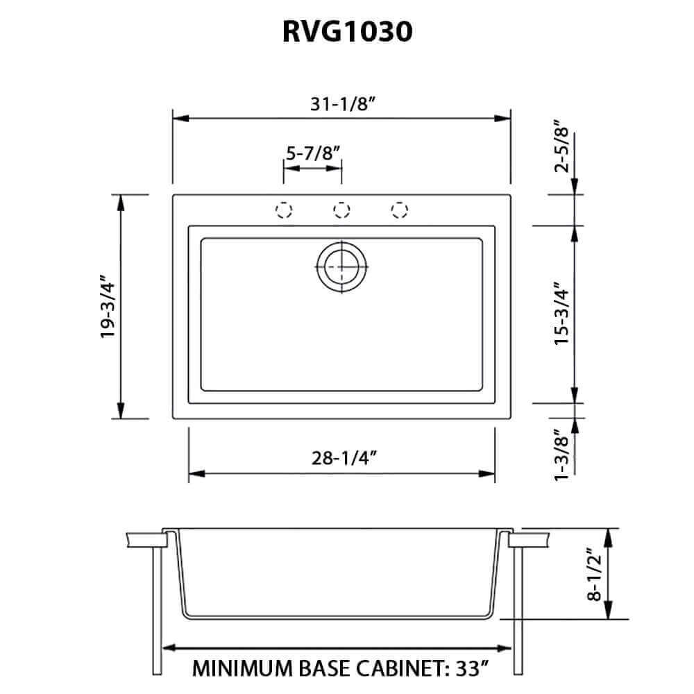 Ruvati epiGranite — Tarja de Cocina de 30 x 20 pulg en Granito Compuesto — diagrama de dimensiones