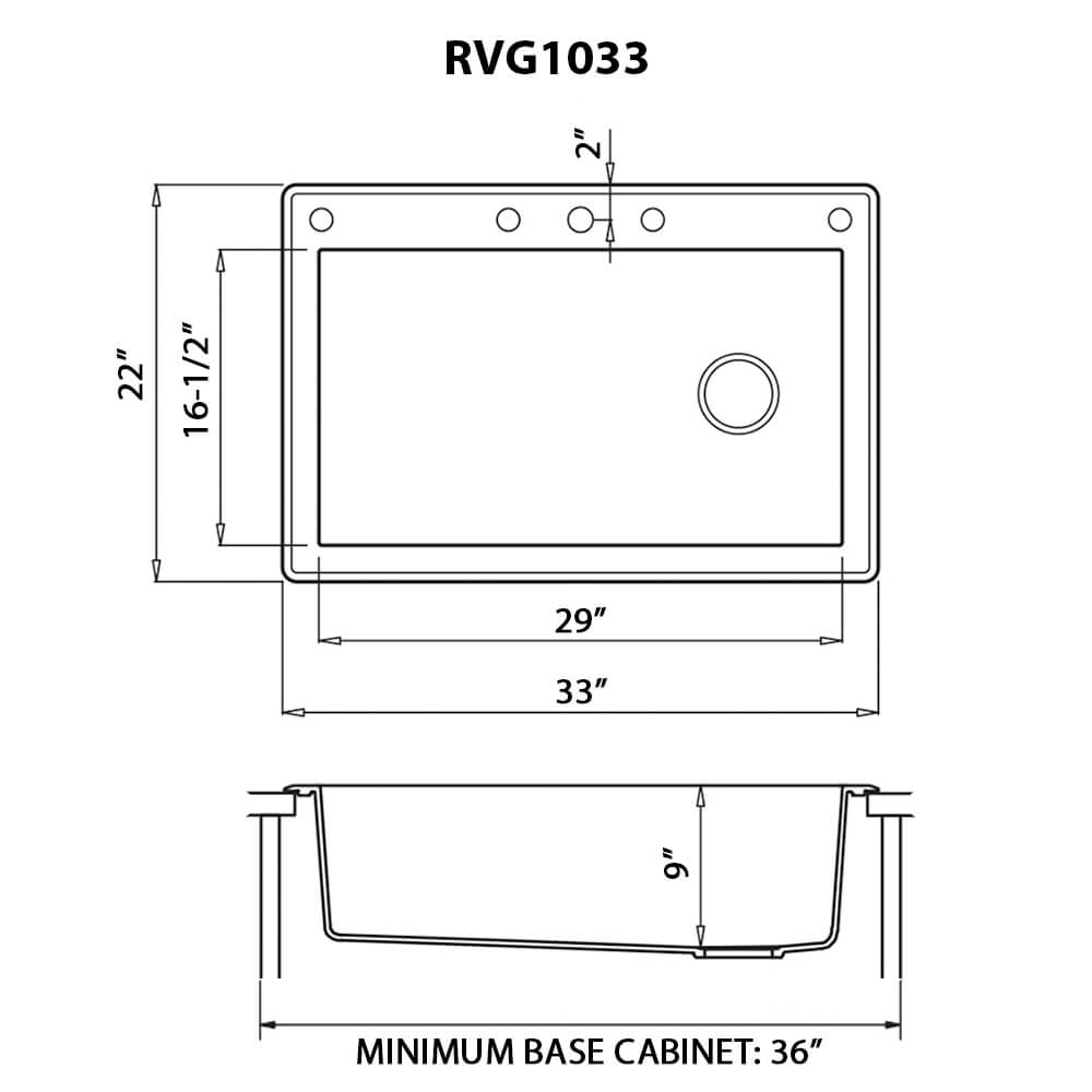 Ruvati epiGranite — Tarja de Cocina de 33 x 22 pulg en Granito Compuesto — diagrama de dimensiones