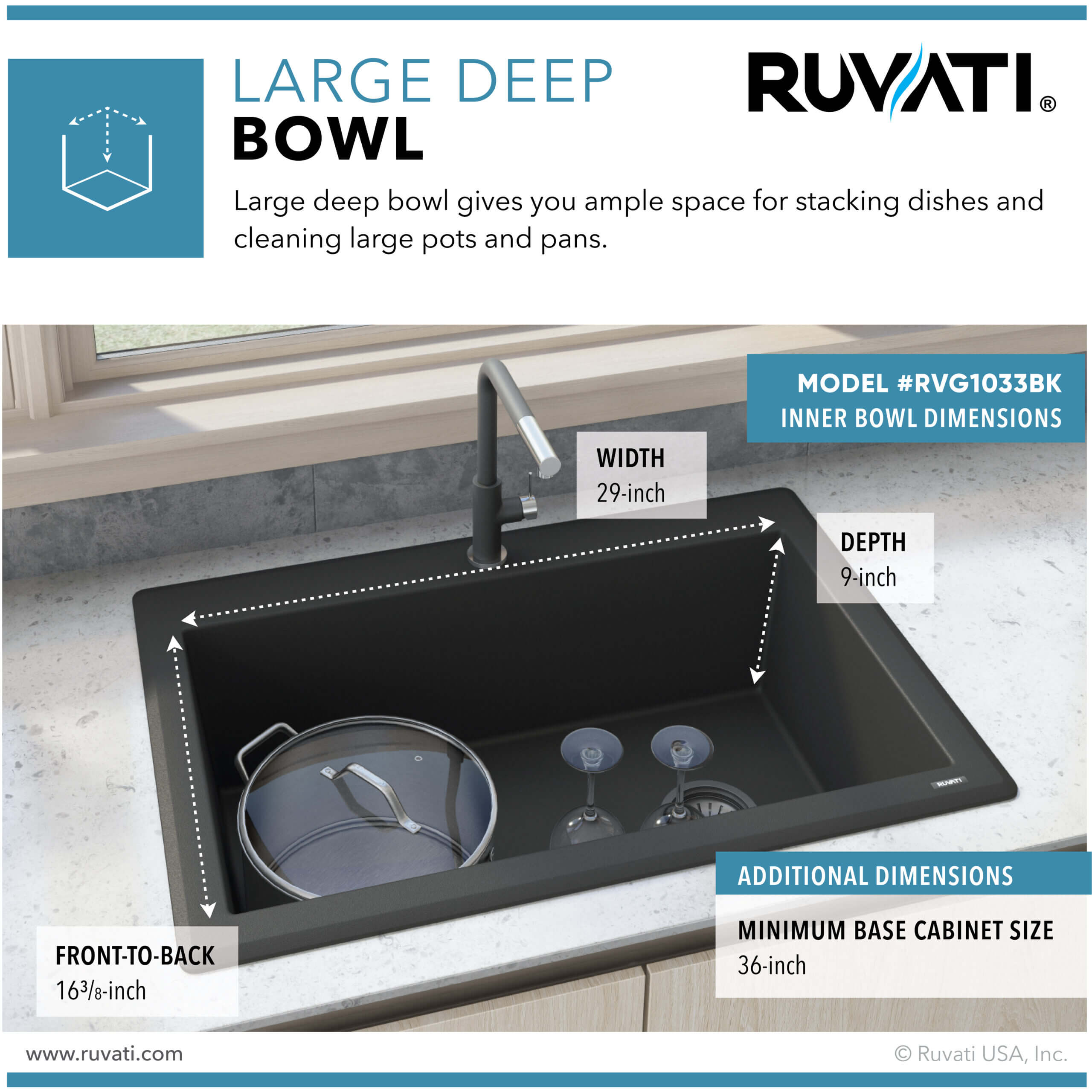 Ruvati epiGranite — Tarja de Cocina de 33 x 22 pulg en Granito Compuesto — Negro Medianoche