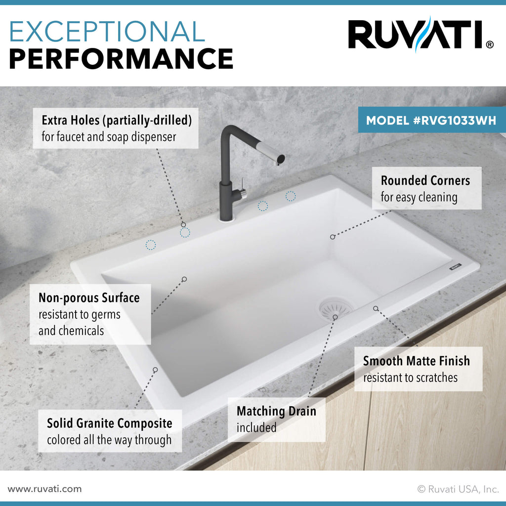 Ruvati epiGranite — Tarja de Cocina de 33 x 22 pulg en Granito Compuesto — Blanco Ártico — 3