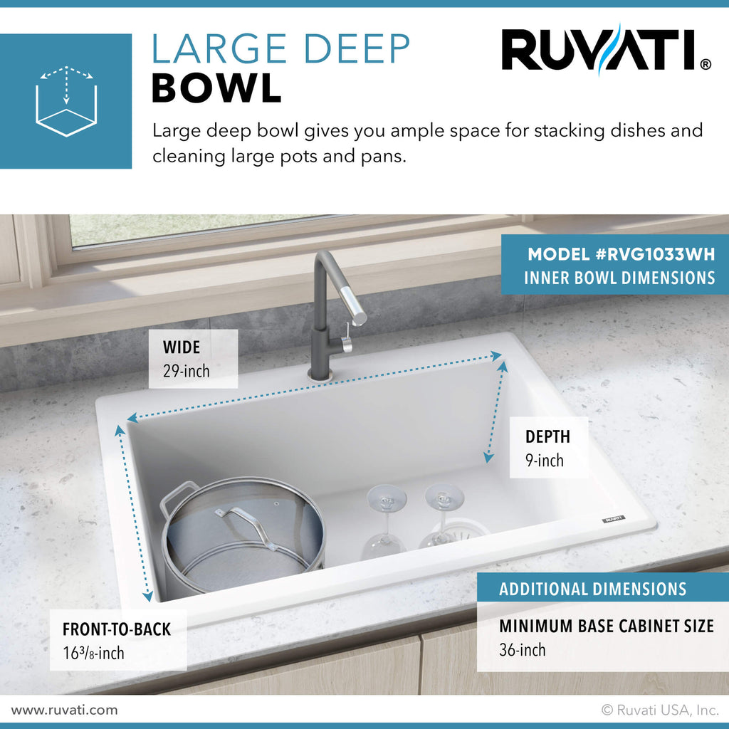 Ruvati epiGranite — Tarja de Cocina de 33 x 22 pulg en Granito Compuesto — Blanco Ártico — 4