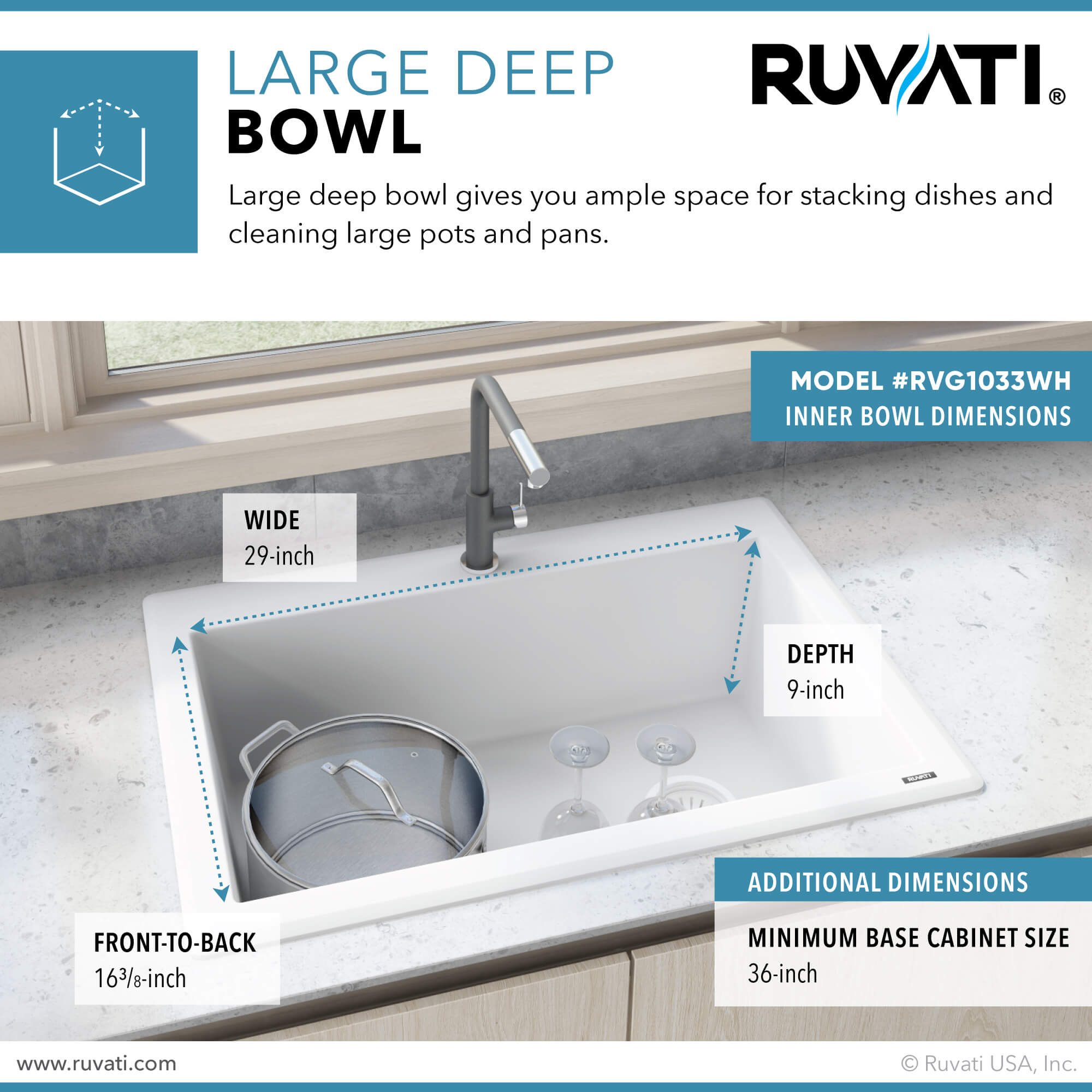 Ruvati epiGranite — Tarja de Cocina de 33 x 22 pulg en Granito Compuesto — Blanco Ártico — 4