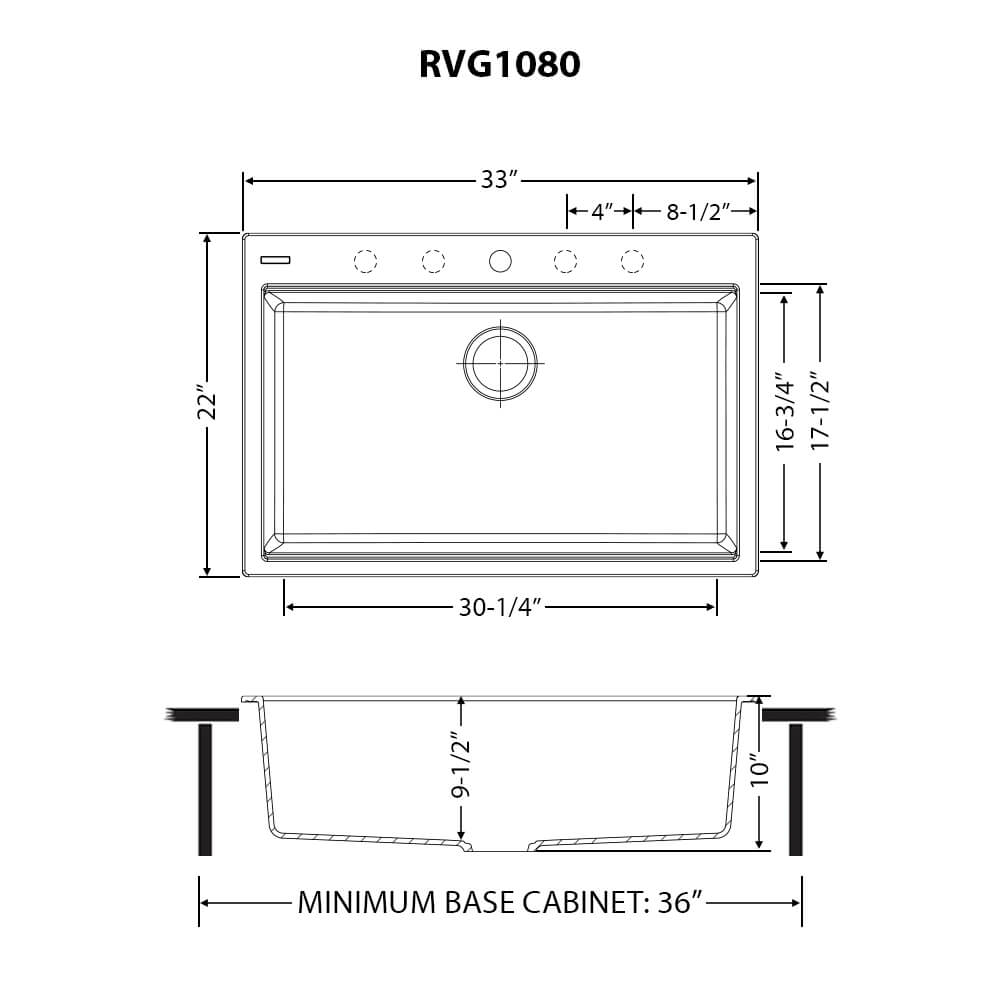 Ruvati epiGranite — Tarja de Cocina de 33 x 22 pulg en Granito Compuesto — diagrama de dimensiones