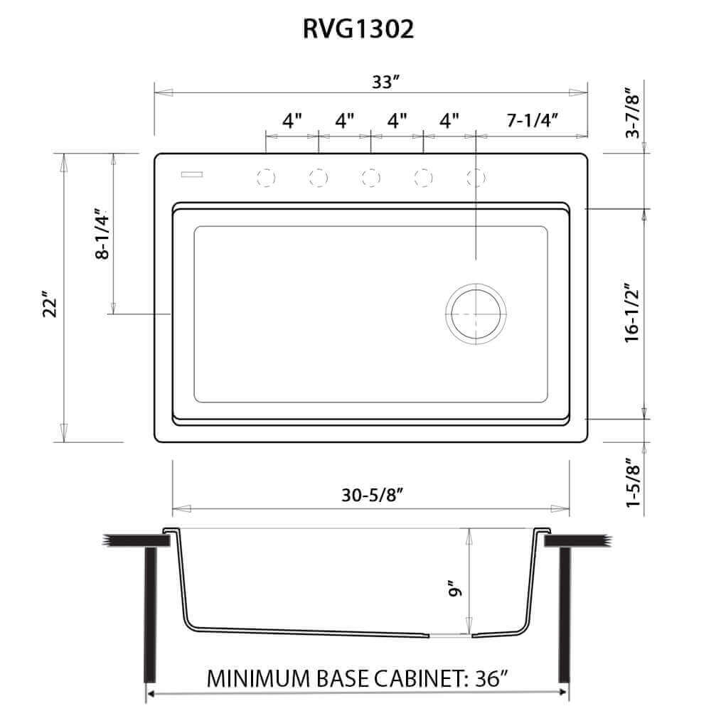 Ruvati epiStage — Tarja Workstation de Cocina en Granito Compuesto — diagrama de dimensiones
