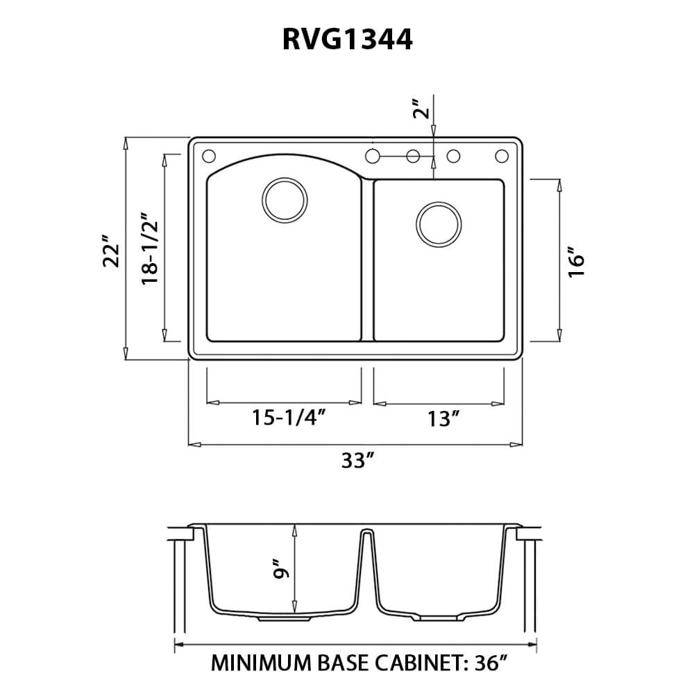 Ruvati epiGranite — Tarja de Cocina de 33 x 22 pulg en Granito Compuesto — diagrama de dimensiones