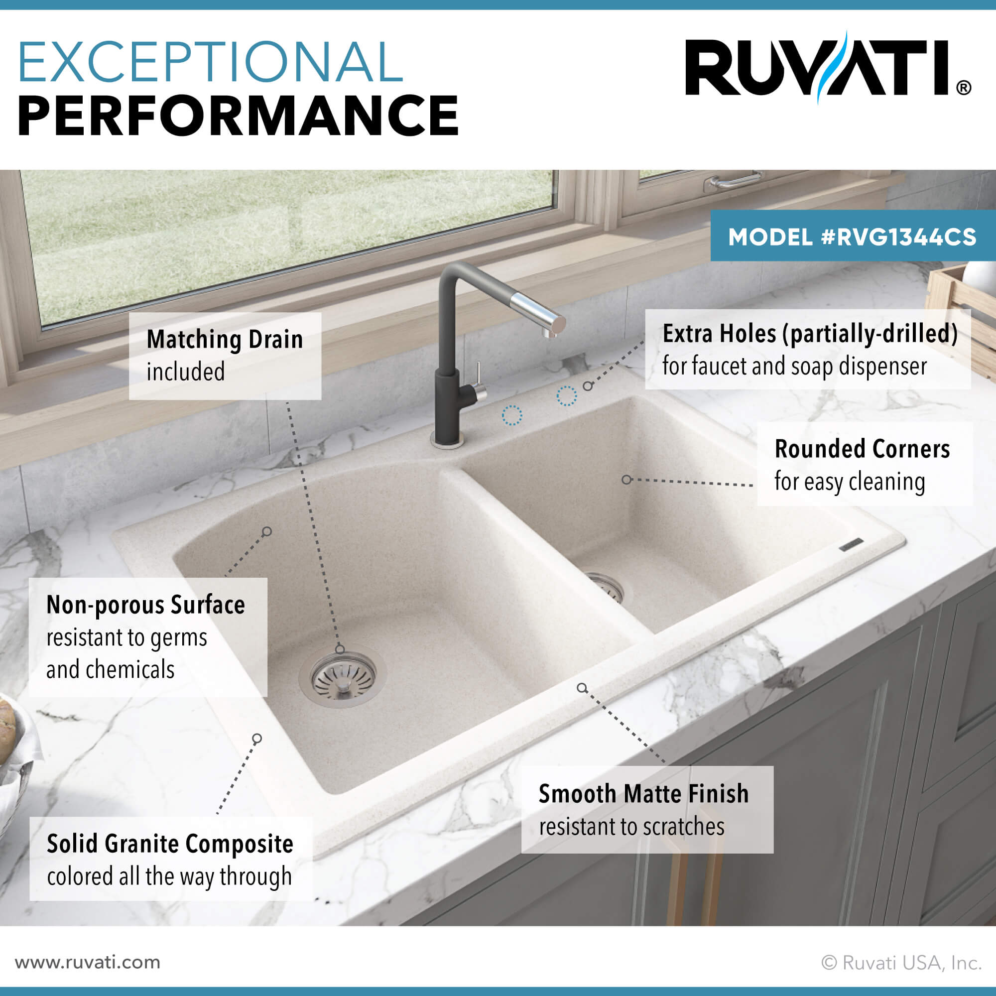 Ruvati epiGranite — Tarja de Cocina de 33 x 22 pulg en Granito Compuesto — Arena Caribe — 4