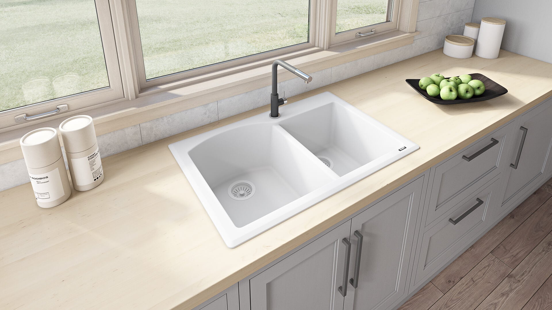 Ruvati epiGranite — Tarja de Cocina de 33 x 22 pulg en Granito Compuesto — Blanco Ártico — 4
