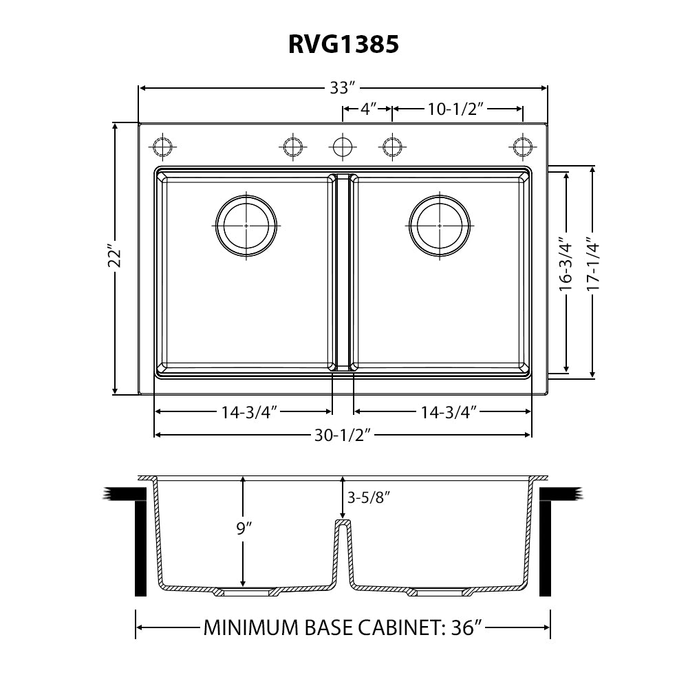 Ruvati epiGranite — Tarja de Cocina de 33 x 22 pulg en Granito Compuesto — diagrama de dimensiones