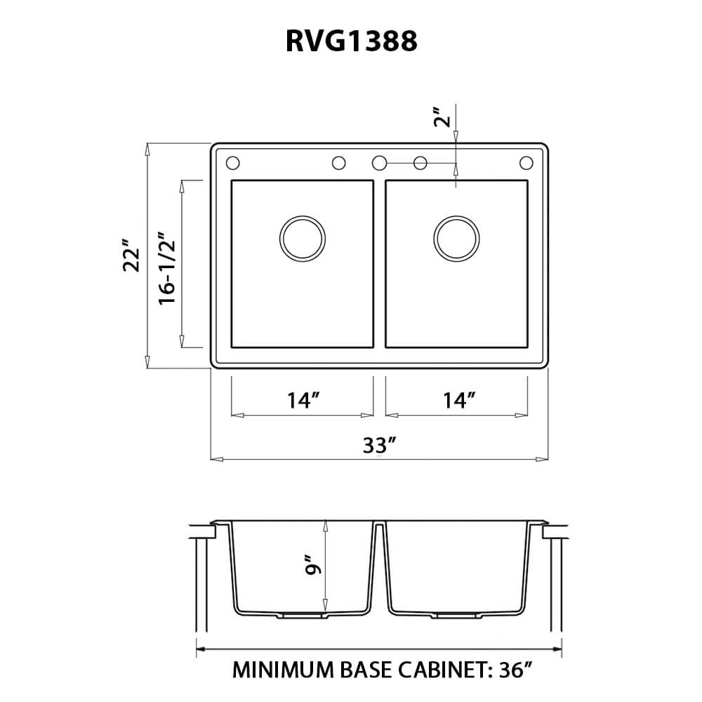 Ruvati epiGranite — Tarja de Cocina de 33 x 22 pulg en Granito Compuesto — diagrama de dimensiones