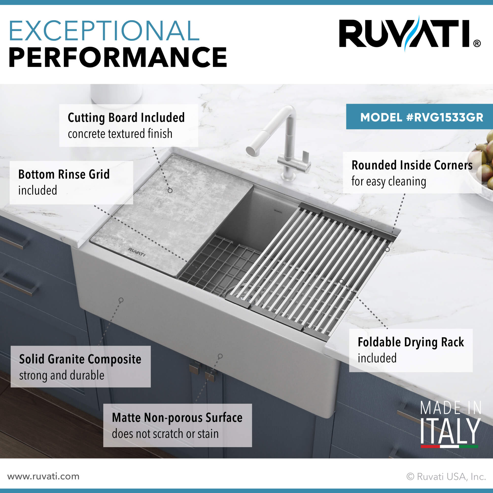 Ruvati epiCast — Tarja Farmhouse de Cocina en Granito Compuesto — Gris — 1