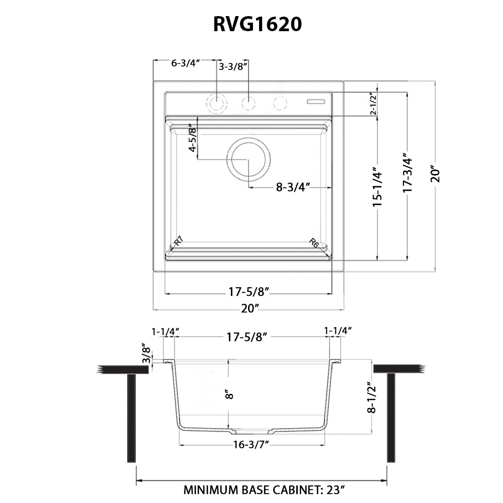 Ruvati epiCube — Tarja de Bar / Prep en Granito Compuesto — diagrama de dimensiones