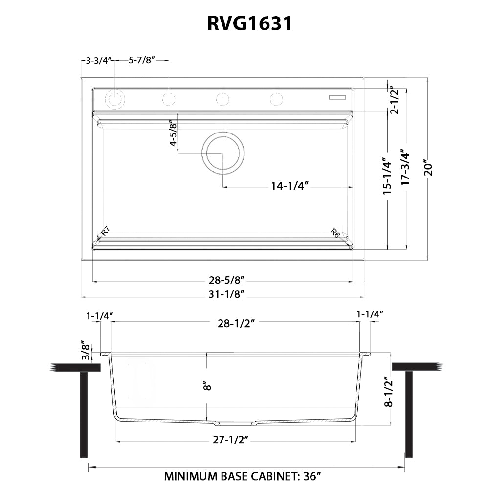 Ruvati epiCube — Tarja Workstation de Cocina en Granito Compuesto — diagrama de dimensiones