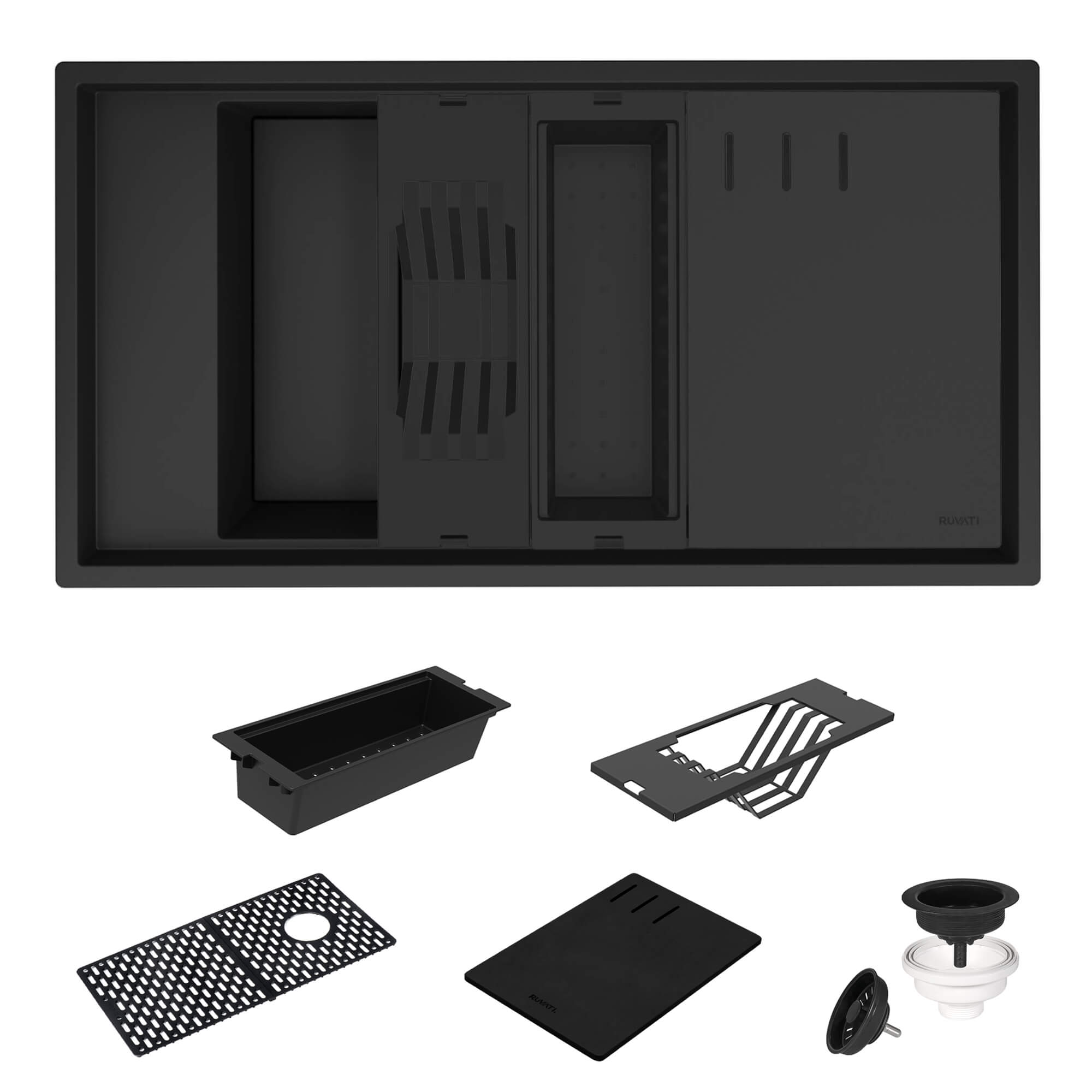 Ruvati epiStage — Tarja Workstation de Cocina de 18 x 34 pulg en Granito Compuesto — Negro — 1