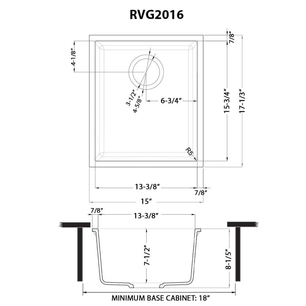 Ruvati epiGranite — Tarja de Bar / Prep de 15 x 17 pulg en Granito Compuesto — diagrama de dimensiones