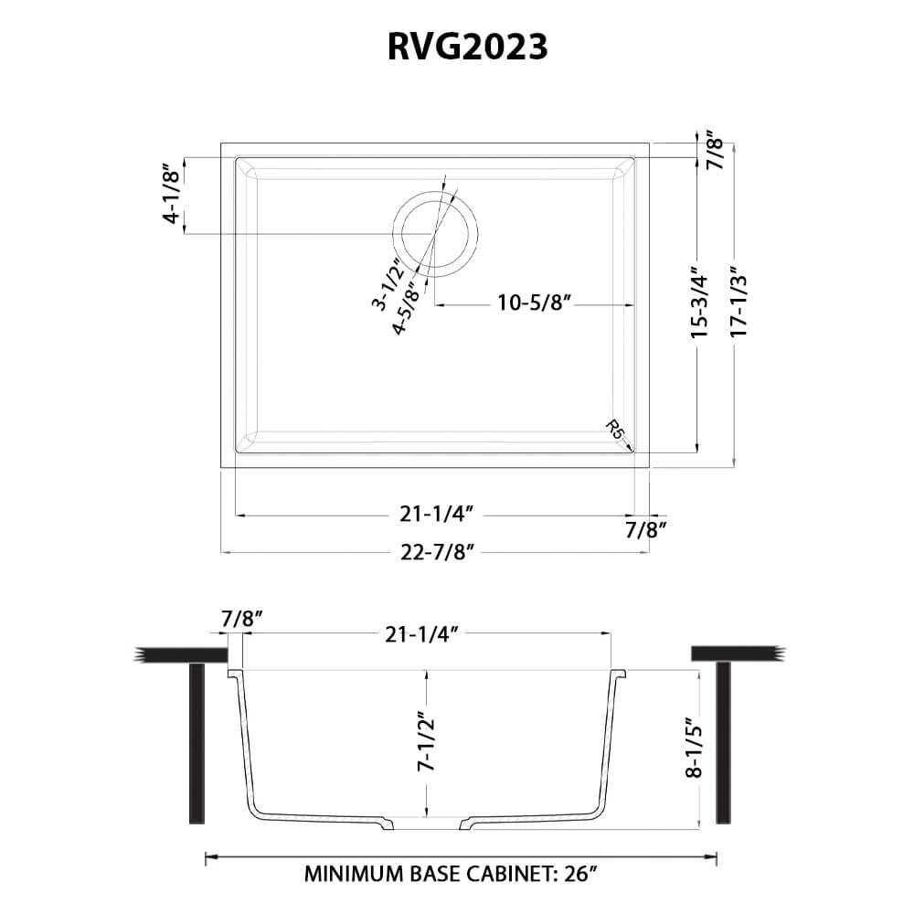 Ruvati epiGranite — Tarja de Cocina de 23 x 17 pulg en Granito Compuesto — diagrama de dimensiones