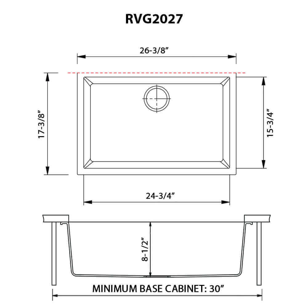 Ruvati epiGranite — Tarja de Cocina de 27 x 18 pulg en Granito Compuesto — diagrama de dimensiones