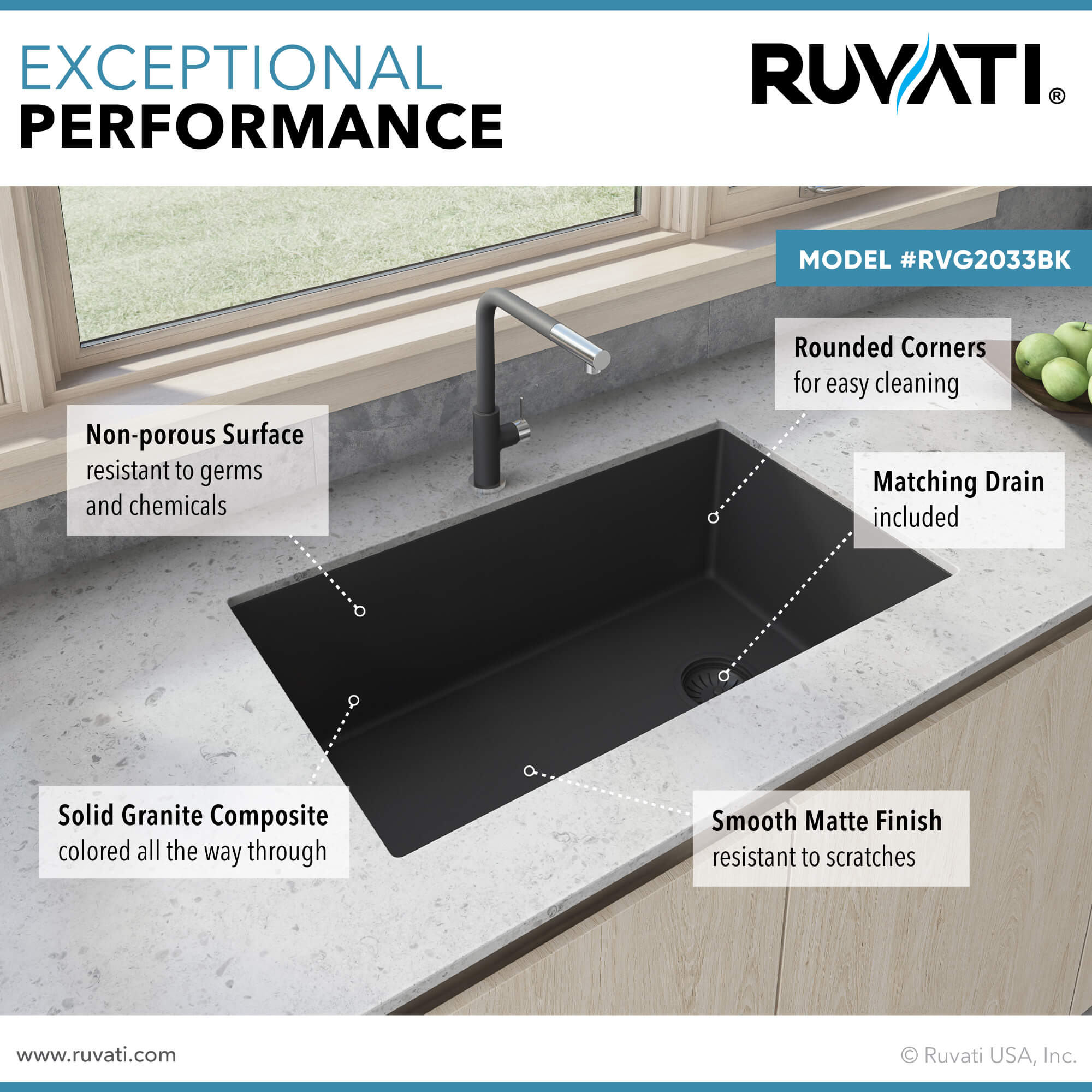 Ruvati epiGranite — Tarja de Cocina de 31 x 19 pulg en Granito Compuesto — Negro Medianoche — 3